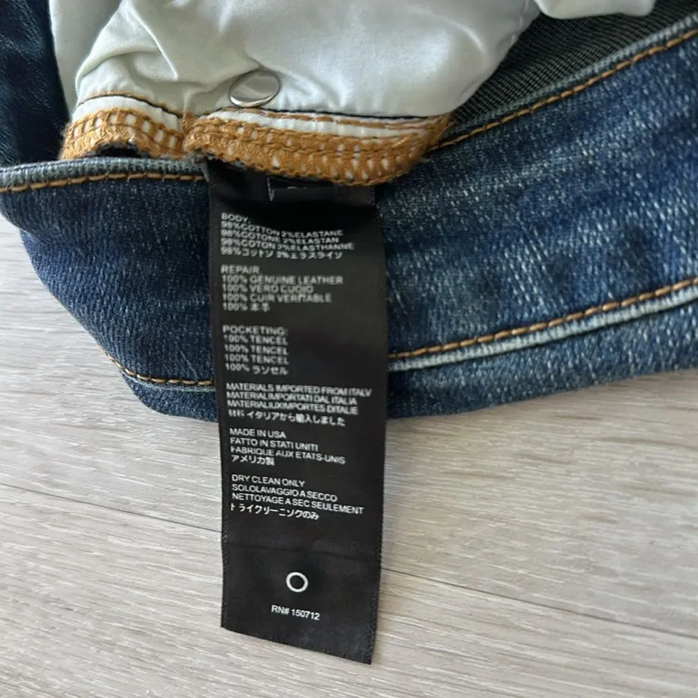 AMIRI Skinny-Fit Leather Appliquéd Distressed Jeans Blue/Black 32 NWT